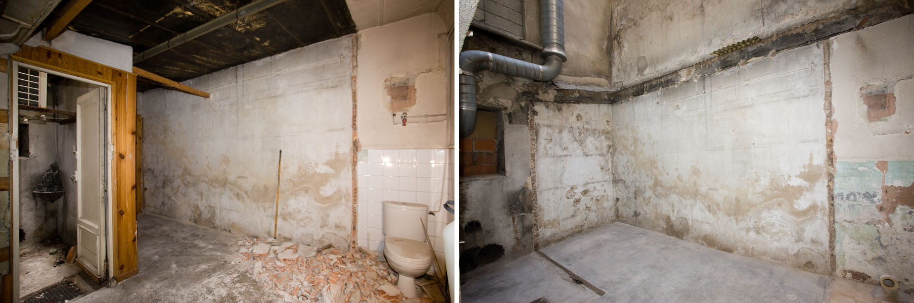 photo avant et après la déconstruction d'une extension sur cour, mercerie Cat à Marseille